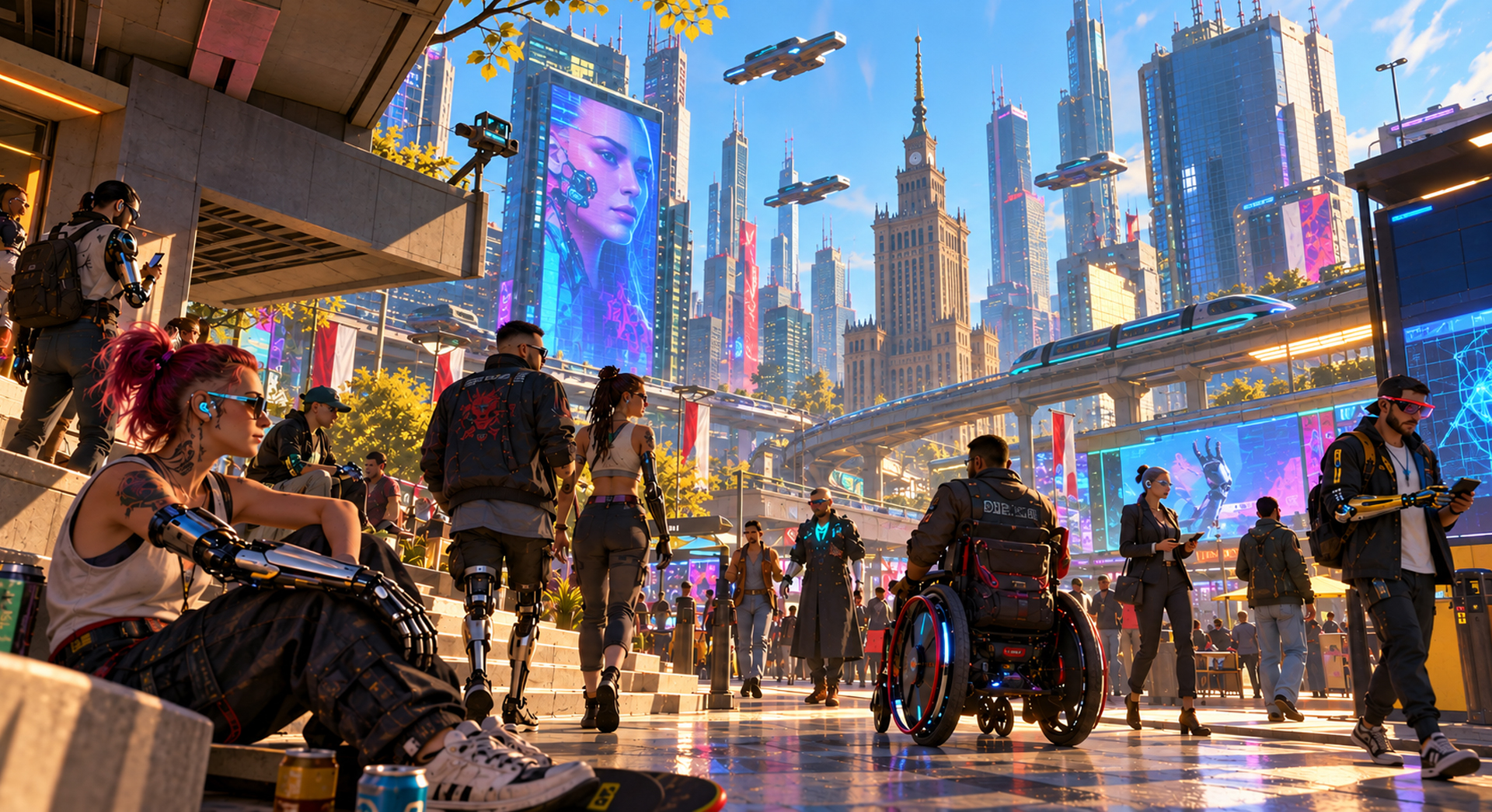 Futurystyczna wizja Warszawy w stylu gry Cyberpunk